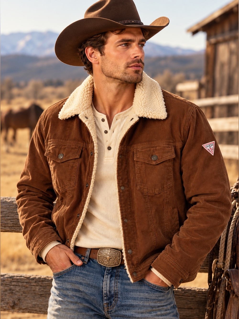 GUESS Brown Corduroy Sherpa Trucker Jacket - Picture 2 of 13